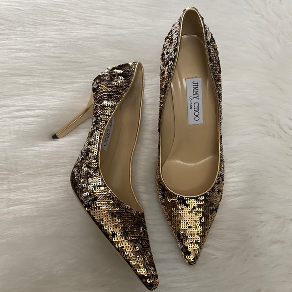 NIB-JIMMY CHOO Agnes Gold Sequin Heels 38 1/2 - Picture 2 of 4